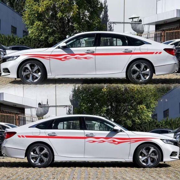 2pcs Flame Stripe Car Stickers - Red & Black High-Visibility Body Decals - Picture 3 of 5